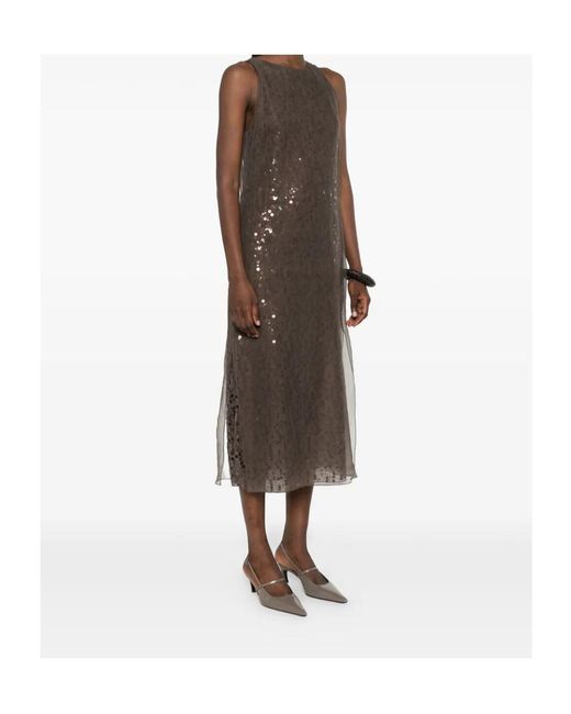 Brunello Cucinelli Brown Sequin-Embellished Sleeveless Midi Dress
