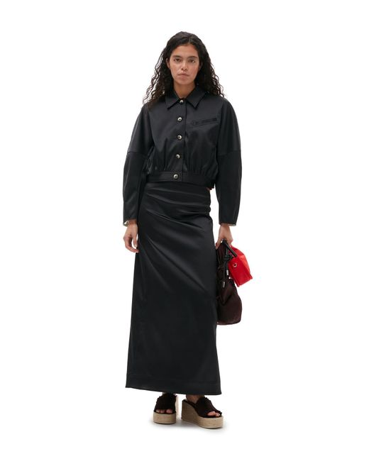 Ganni Gray Bead-Detailed Low-Rise Satin Maxi Skirt