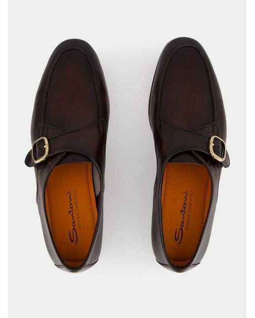 Santoni Brown Single Monk Strap Shoes for men