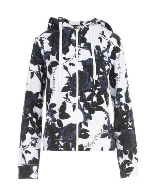 Moschino White Rose-Print Zip-Up Hoodie