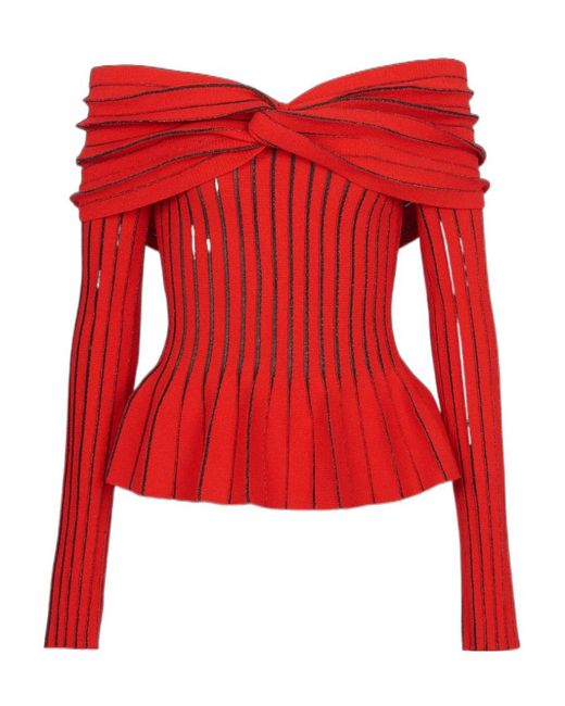 Balmain Red Knotted Off-The-Shoulder Top