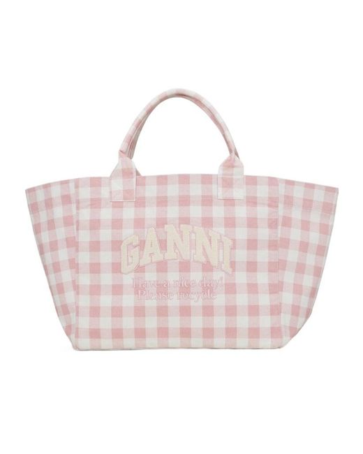Ganni Pink Xxl Vichy Checked Tote Bag