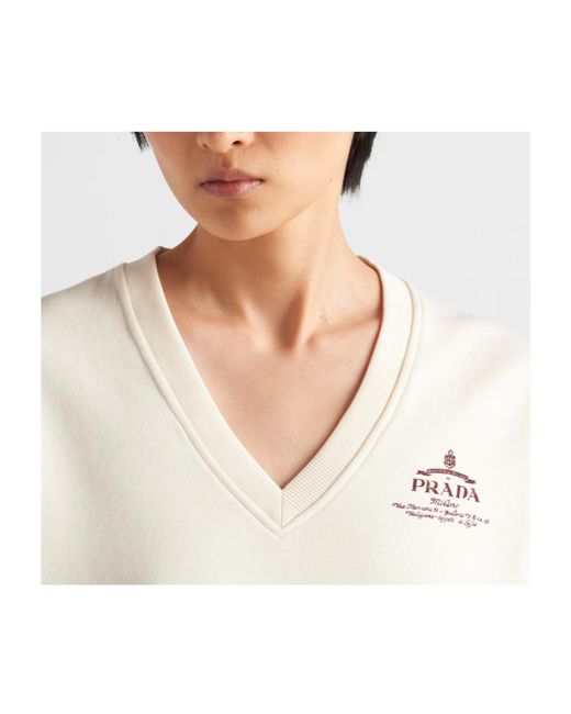 Prada White Cotton V-Neck Sweatshirt