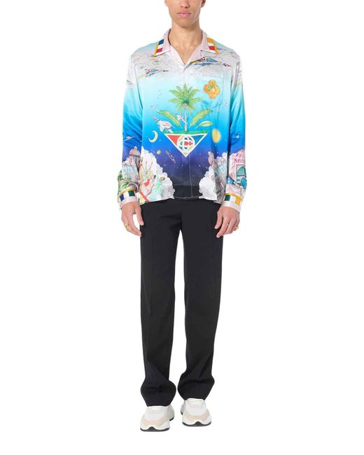 Casablanca Blue Cuban-Collar Silk Shirt for men