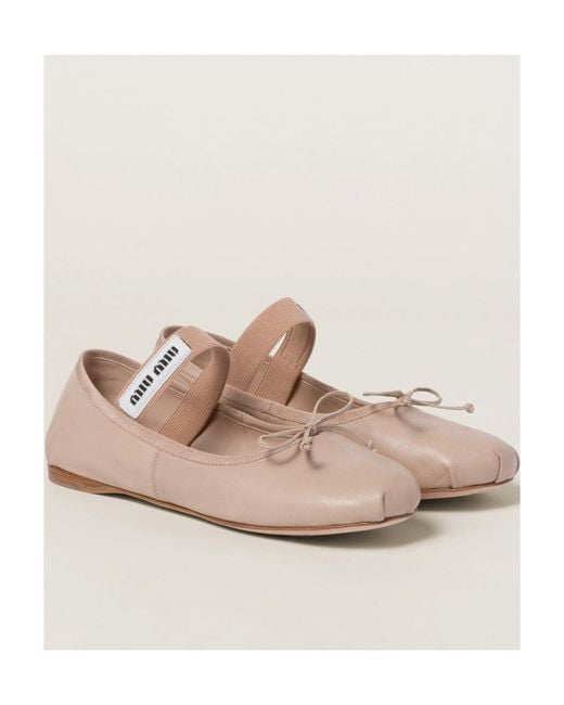 Miu Miu Pink Logo-Printed Bow Detailed Ballerina Shoes