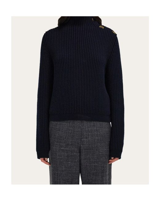 Ferragamo Blue Knitted Sweater With Gancini Button Detail