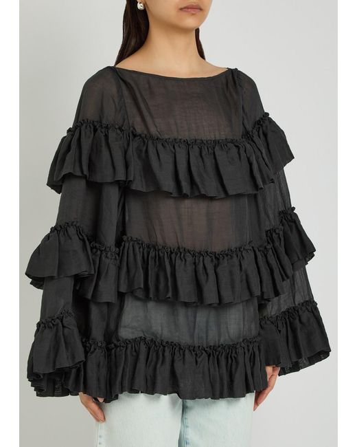 Dries Van Noten Black Charlice Ruffled Ramie Top