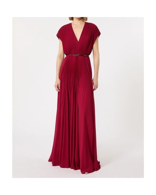 Max Mara Red Belted-Waist Pleated Maxi Dress