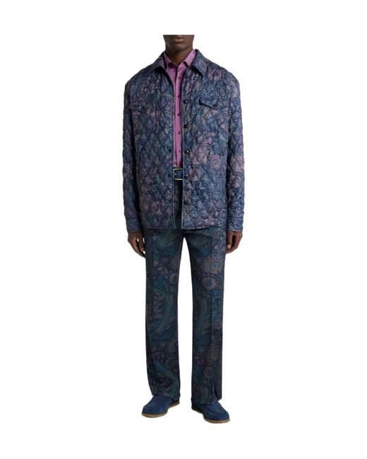 Etro Blue Quilted Overshirt With Floral Paisley Motif for men