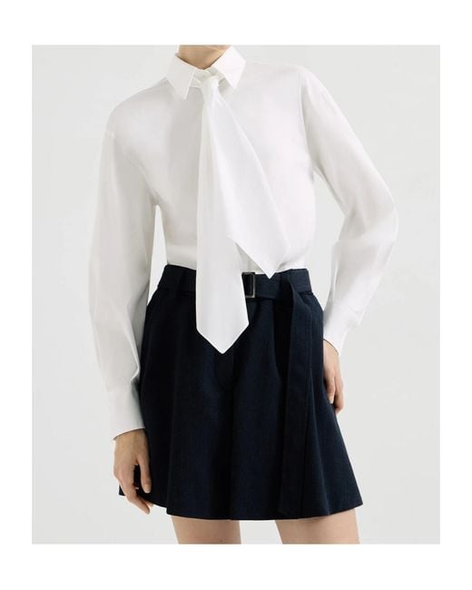 Brunello Cucinelli White Stretch Cotton Poplin Shirt With Tie And Monili