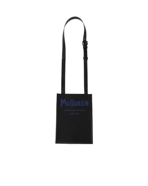 McQueen Black Graffiti Logo Print Messenger Bag for men