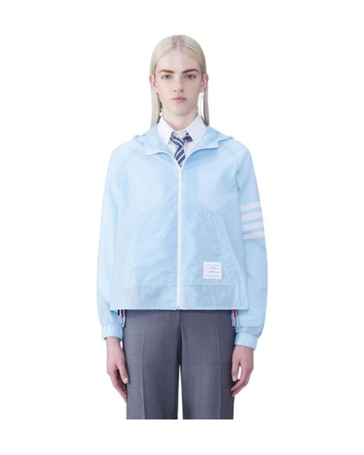 Thom Browne Blue 4-Bar Stripe Detailed Hooded Jacket