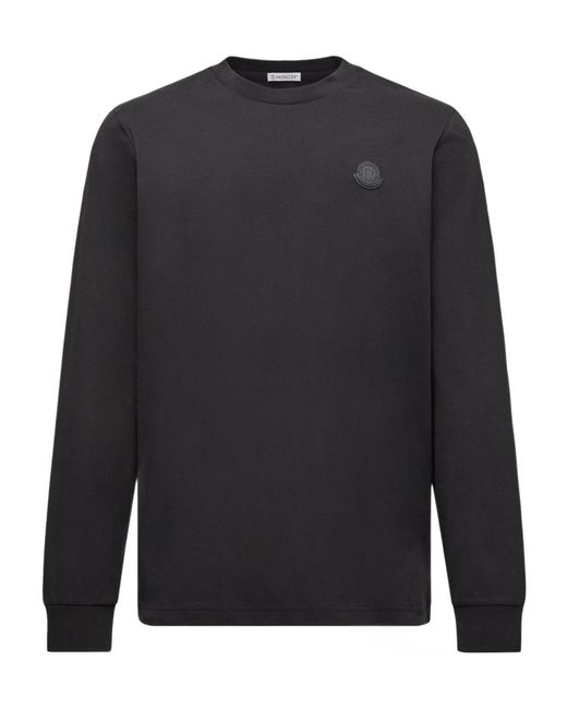 Moncler Black Leather Logo Long Sleeve Cotton T-Shirt for men