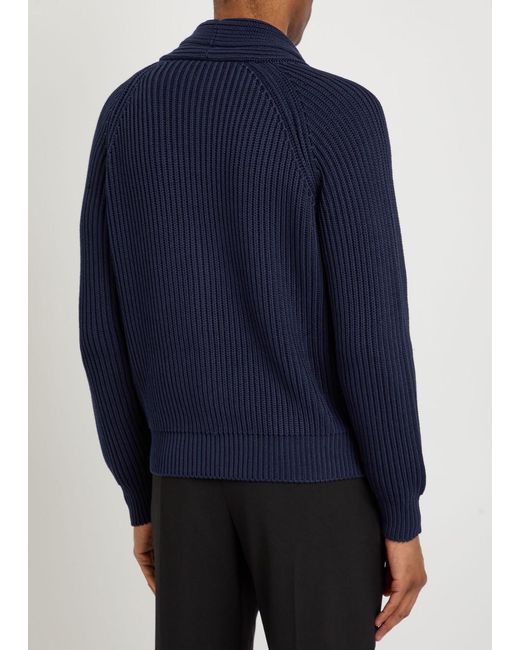 Tom Ford Blue Shawl-Collar Ribbed Cotton And Silk-Blend Cardigan for men