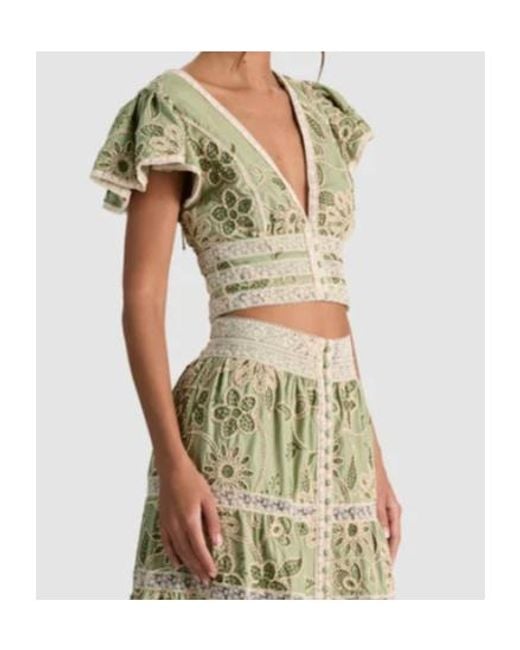 Alice + Olivia Green Keeley Embroidered Flutter Sleeve Top