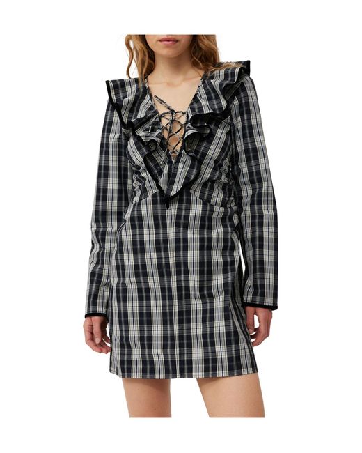Ganni Black Checkered Cotton Ruffle V-Neck Mini Dress