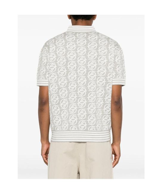 Drole de Monsieur White Monogram-Knit Striped-Trim Polo Shirt for men