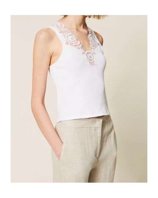 Twinset White Lace Ribbed Top