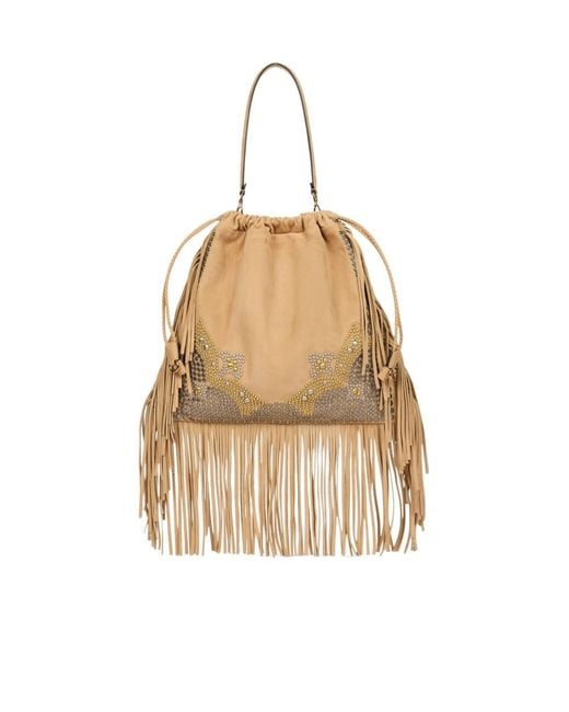 Etro Natural Tassel Studded Suede Shoulder Bag
