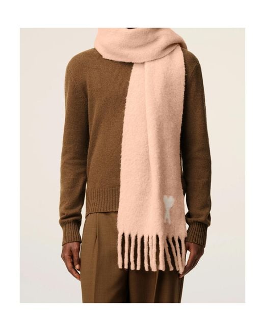 AMI Pink Logo Detailed Fringed-Hem Scarf