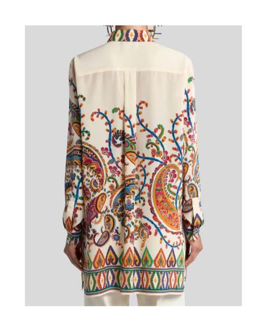 Etro White Long Silk Shirt With Placed Floral Paisley Print