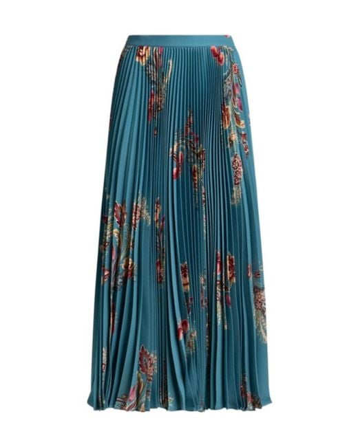 Etro Blue Pleated Floral-Print Midi Skirt