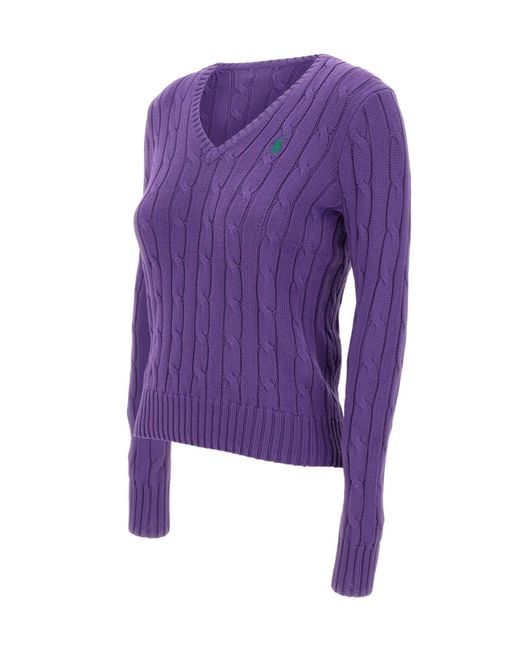 Polo Ralph Lauren Purple Cable-Knit V-Neck Knitted Sweater