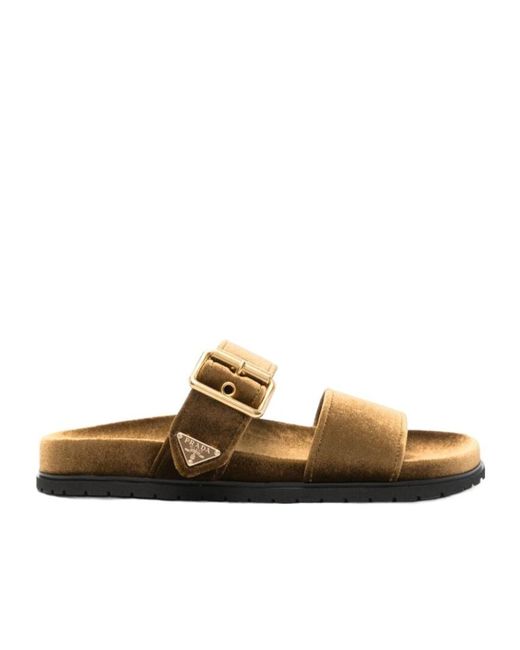 Prada Brown Enamel Triangle-Logo Slides