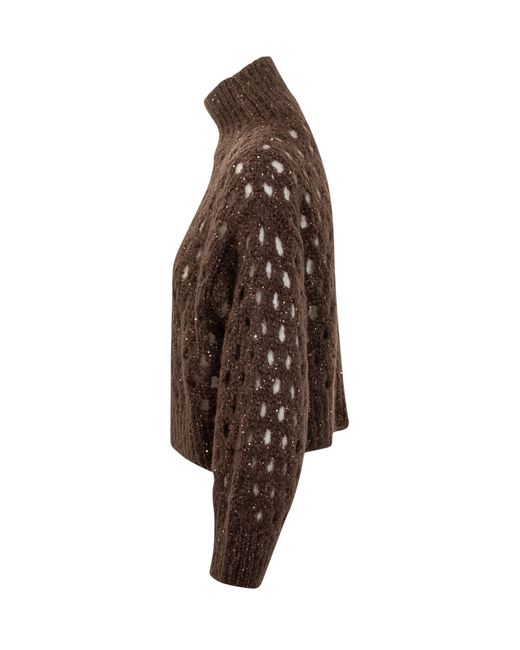 Brunello Cucinelli Brown Sequin-Embellished High-Neck Sweater