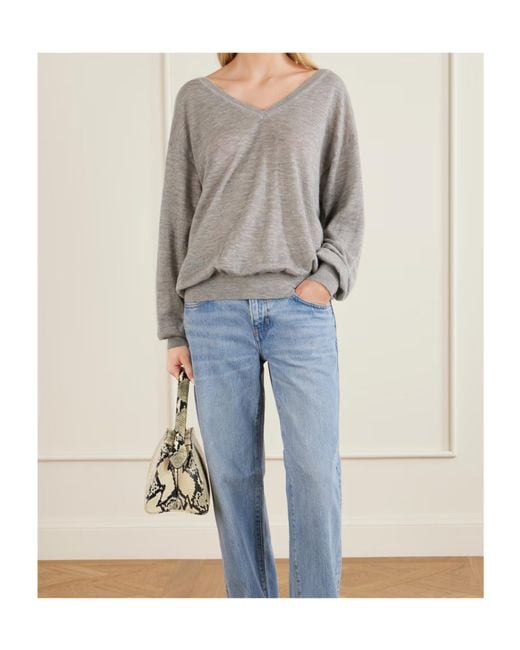 FRAME Gray The Crinkle V-Neck Sweater