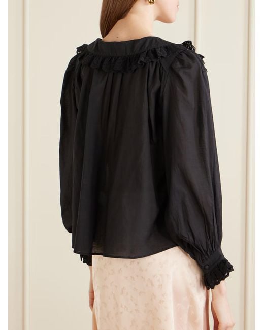 Rixo Black Milia Ruffled Lace-Trim Blouse