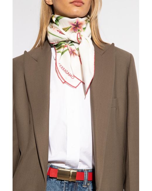 Ferragamo White Floral Logo Printed Scarf