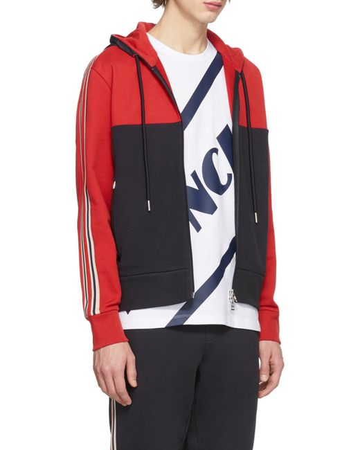 Moncler Red Colour Blocked Zipped Hoodie for men
