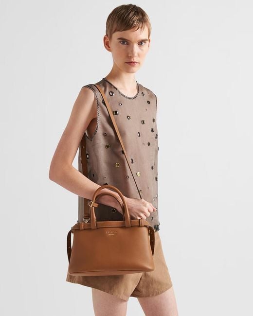 Prada Brown Buckle Small Leather Handbag With Double Belt