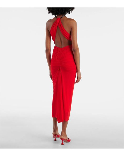 Mugler Red Pleated Neckline Midi Dress