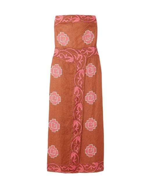 Johanna Ortiz Red Ancient Strapless Wrap-Effect Printed Linen Midi Dress
