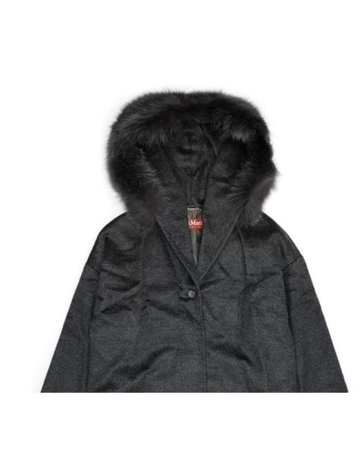 Max Mara Black Woolly Collar Hooded Coat