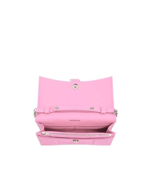 Balenciaga Pink Hourglass Wallet With Chain Crocodile Embossed