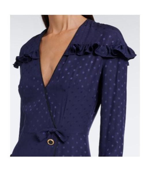 Alessandra Rich Blue Pleated Silk Jacquard Midi Dress