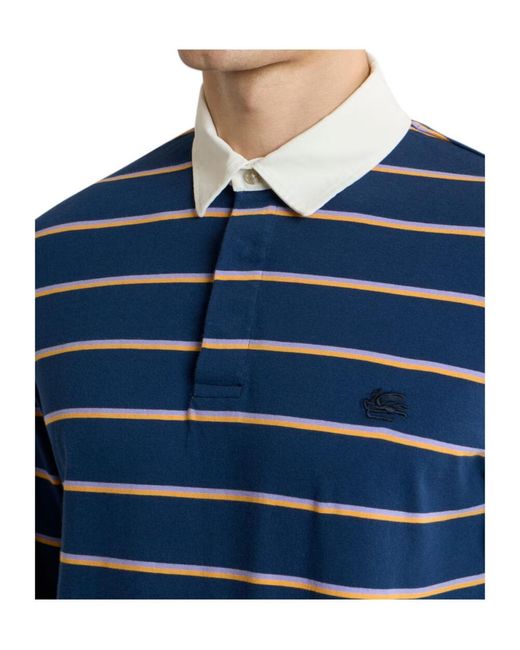 Etro Blue Long-Sleeved Cotton Polo Shirt With Shirt Collar And Striped Motif for men