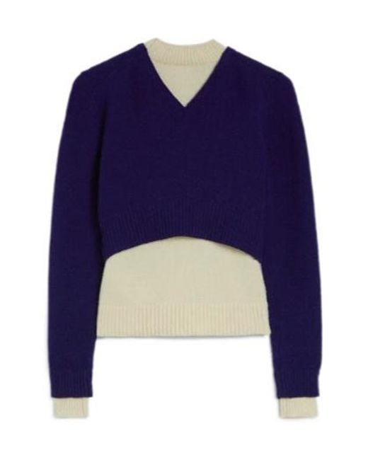 Jil Sander Blue Double Layer Mock Neck Knitted Sweater