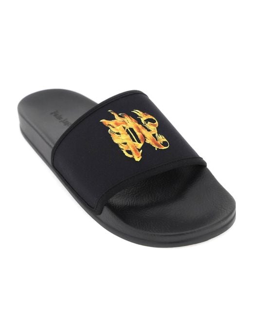 Palm Angels Black Flame Monogram Printed Round Toe Slides for men
