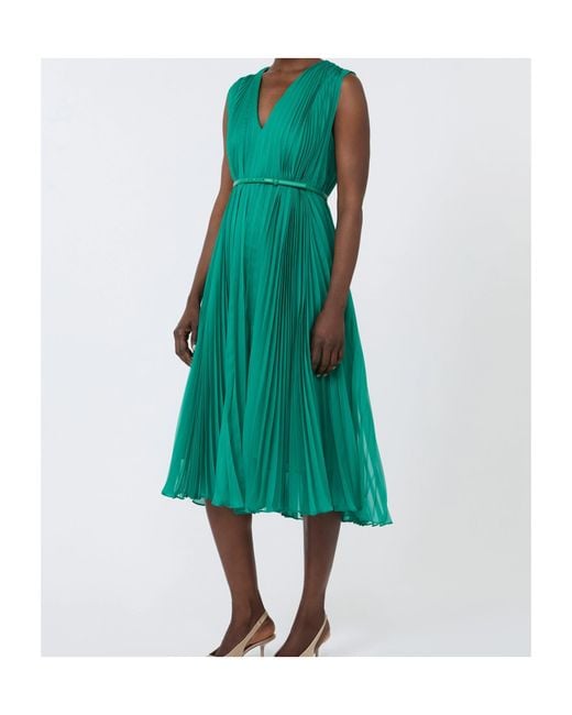 Max Mara Green Pleated Belted Dress