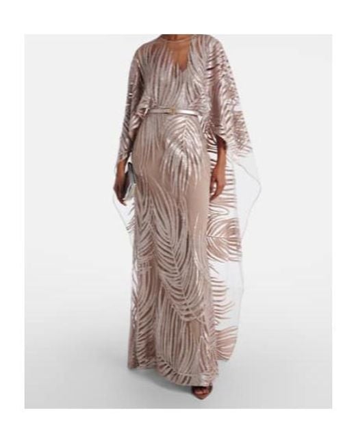 Elie Saab Natural Embroidered Sheer Tulle Gown