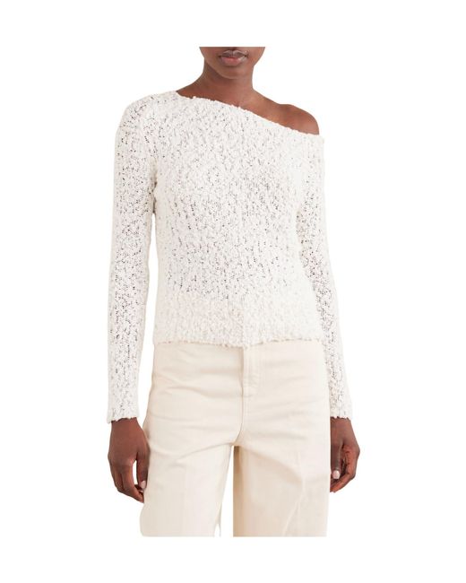The Elder Statesman White Vine Off-The-Shoulder Cotton-Blend Bouclé Sweater