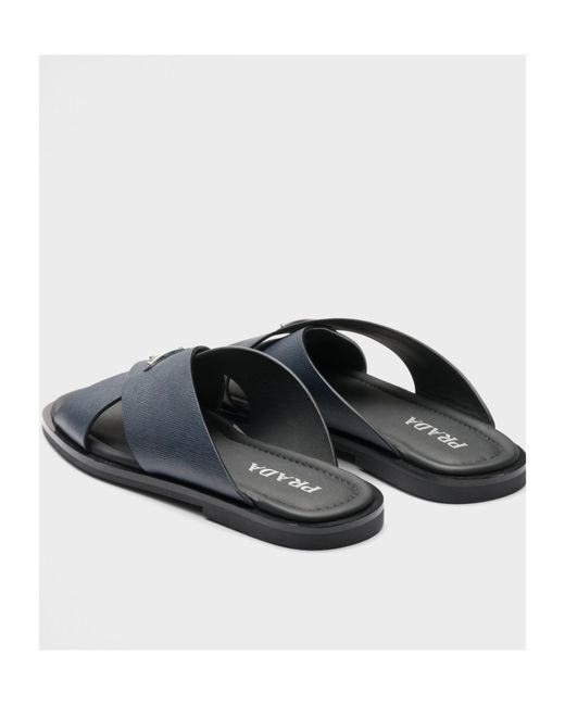 Prada Blue Saffiano Leather Crisscross Slides for men
