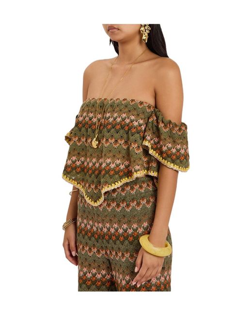 LaDoubleJ Green Embroidered Open-Knit Cotton-Blend Top