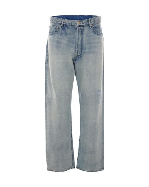 Auralee Blue Faded Selvedge Distressed Jeans for men