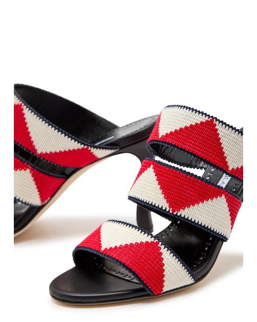 Manolo Blahnik Red Capro 90 Striped Leather Sandals