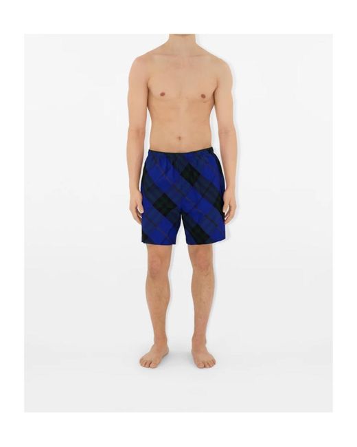 Burberry Blue Checkered Knee-Length Twill Swim Shorts for men